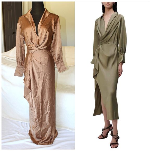 Jonathan Simkhai Talita Draped Front Midi Dress Satin Size 0 Long Sleeve Party - Picture 1 of 12